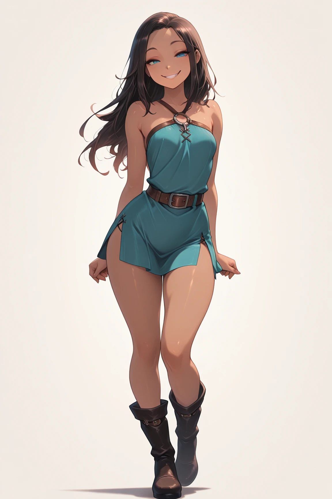 Azula. dark brown hair,very long hair,midriff . cold brown eyes. dark skin. small breasts. skinny. choker. (Short black dress)heels. dancer.