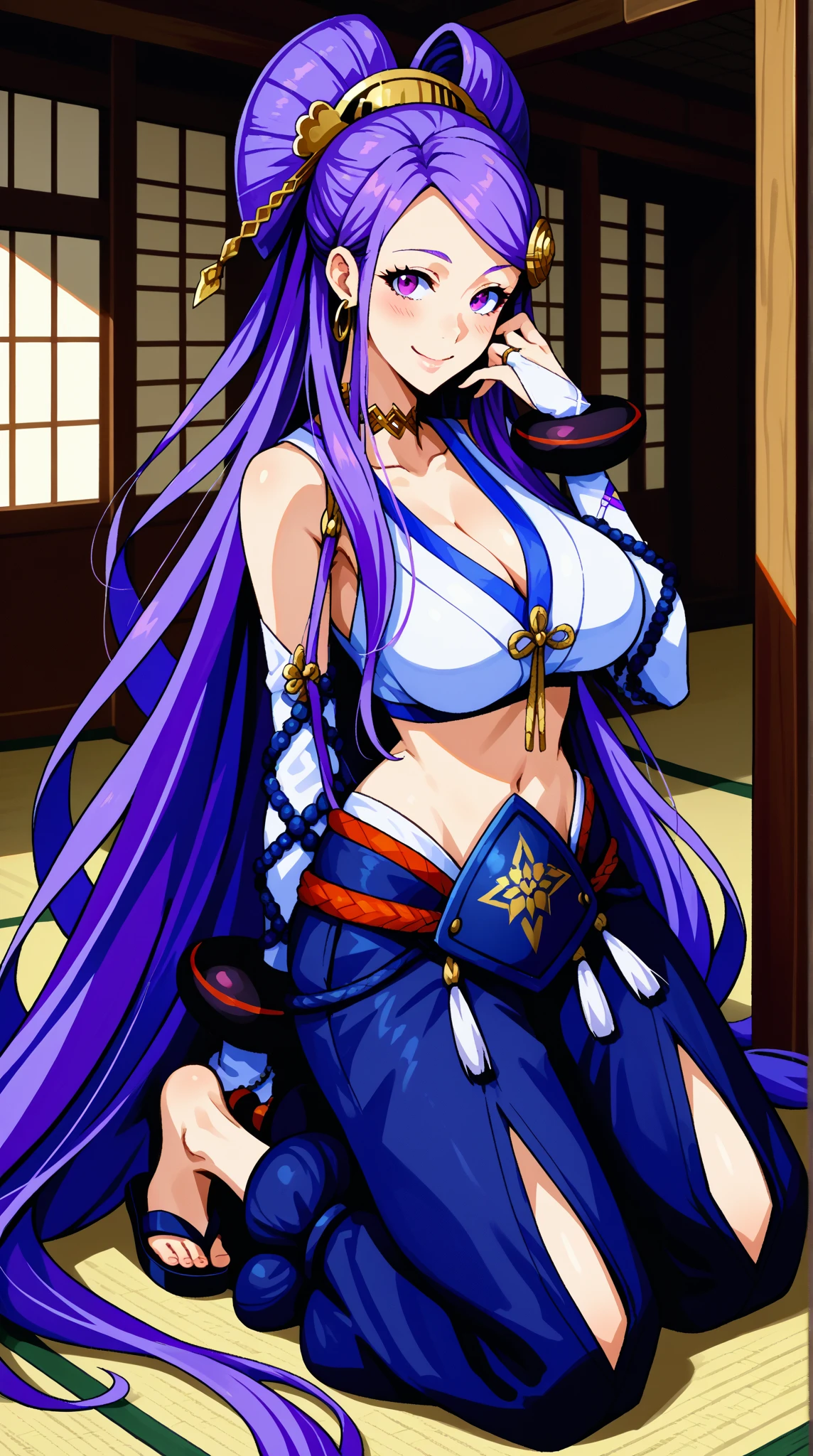jewelry,gem, necklace, 
blue eyes, purple hair,long hair,Bangs,
long hair, lipstick, smile, Hot girl, baddie, staring, glaring, bad attitude, mean girl, dare, angry, hate, crazy, smoking, sensual, attractive, masterpiece, best quality, highly detailed, a anime girl in kimono dress ,holding sword, bare
shoulder,open kimono, evil smile, open mouth, crop top , (nsfw) not safe for work, smile, ecchi anime
style, anime girls, ecchi style, ecchi, digital anime art!!, in anime style, official artwork, visual novel cg,
beautiful anime girl, anime style 4 k, kimono pencil skirt, exposed belly, exposed navel,
exposed midriff, exposed lower belly, outdoor, japanese architecture, temple