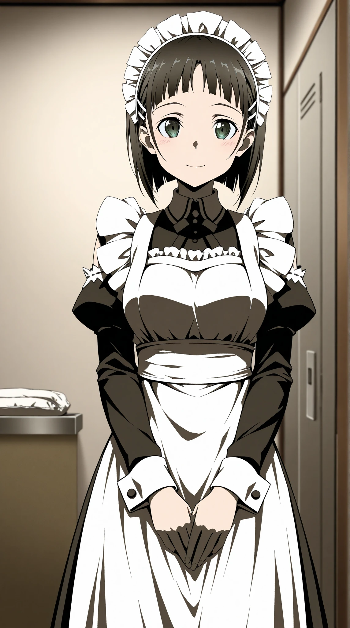 [(by bow_\(bhp\):1.1), by ergot, (by wlop:1.1) :(by yukie_\(kusaka shi\):1.2),  (by oharu-chan:1.1) (by chengongzi123:1.1) : 0.5], 
1girl, apron, collar, cross, garter straps, gluteal fold, greyscale, hair over one eye, hair rings, knee up, long sleeves, looking at viewer, maid, maid headdress, metal collar, monochrome, parted lips, pov, shaded face, solo, standing, thighhighs, white apron,
(anorexic:1.1), (skinny:1.1),
amazing quality, best quality, rating: questionable,