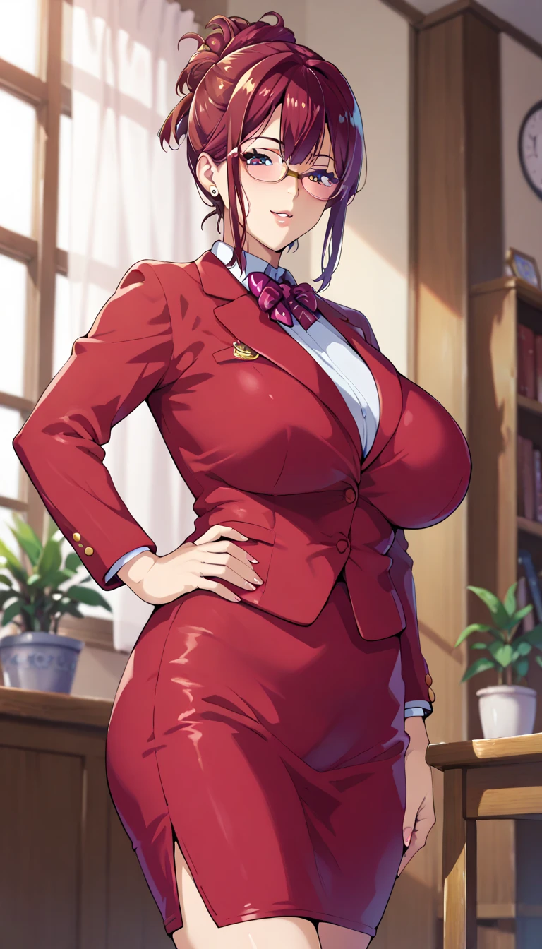(masterpiece, best quality), looking at viewer, solo, smirk, outdoors, day, <lora:Naoko DaimonV3-000006:.8>, fwnaoko, rimless eyewear, glasses, large breasts, (business suit, red suit), pencil skirt, black skirt, white shirt, shirt frills, gold pearl necklace, (breasts out, nipples)