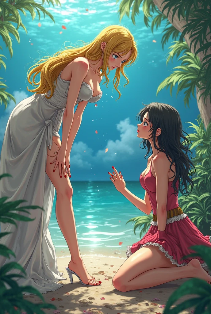 2 women, blonde very long hair, red eyes, wearing a sexy pink dress, side slit, ultrasharp, looking at the viewer, ((best quality)), ((masterpiece)), (detailed), perfect face, big breast, sexy body, sexy woman on top of her, hugged, An anime scene of two girls hugging and kissing intensely, with hearts and sparkles floating around them as they lie down on beach