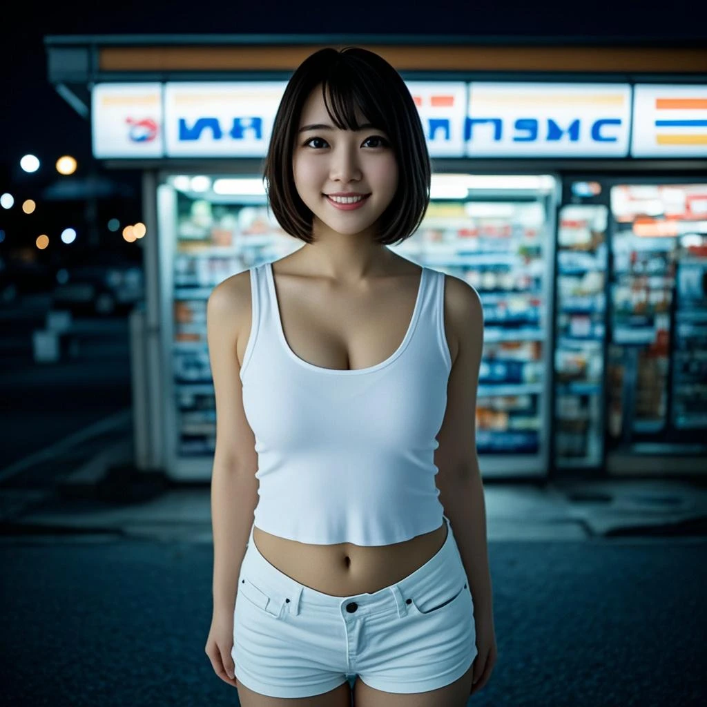 Masterpiece, 8k, (Real, Realistic Photography), best quality, high resolution, perfect details, ((upper body)), Beautiful face, 1 girl, solo, updo long hair, smooth, (curling hair), seductive laugh, look at viewer, Realistic, A half-Japanese woman who looks like Anne Hathaway stands in front of a gas station dispenser., topless, naked breasts, nice nipples, orgasm at the counter, nude and transparent pantie, (cowboy shoot:1.2),