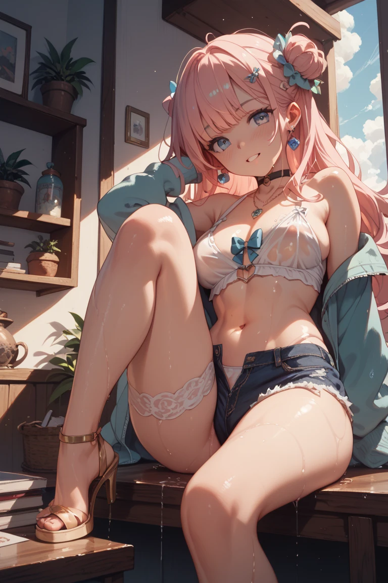 (Masterpiece, BestQuality:1.3), (ultra detailed:1.2), (hyperrealistic:1.3), (RAW photo:1.2), High detail RAW color photo, professional photograph, (Photorealistic:1.4), (realistic:1.4), professional lighting, perfect anatomy, (Big Breasts, (The underboob is visible:1.3):1.2), (blush, detailed face), (cheerful Smile:1.5), Trending Hair&Trending Hairカラーをランダムに, earrings, necklace, bracelet, sexly, erotic sexly, Random sexy gravure poses, (Sexy babe in navy lingerie sits with legs wide open on bed in bedroom、Look at the camera with a sexy look。Pink hair, side ponytail, long wavy hair。In the background there are soft curtains and a night view。: 1.3)