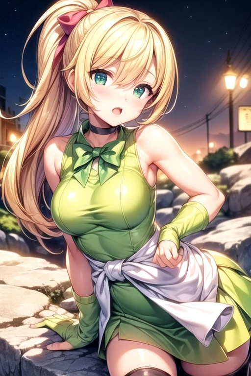 NSFW,(One girl:1.5),Blonde,Very long hair、Messy Hair、Flat Chest,hair ornaments、hair band、Bleaching、Haori、belly button、Black gloves、Pleated skirt、Green skirt、White knee socks、Cleavage,kimono,(Perfect hands),(Perfect Anatomy),(masterpiece),(highest quality),(Embarrassed:1.5),blush,Shy laugh,In heat,Crouching,Night Park,Street lamp,Pee,Peeing