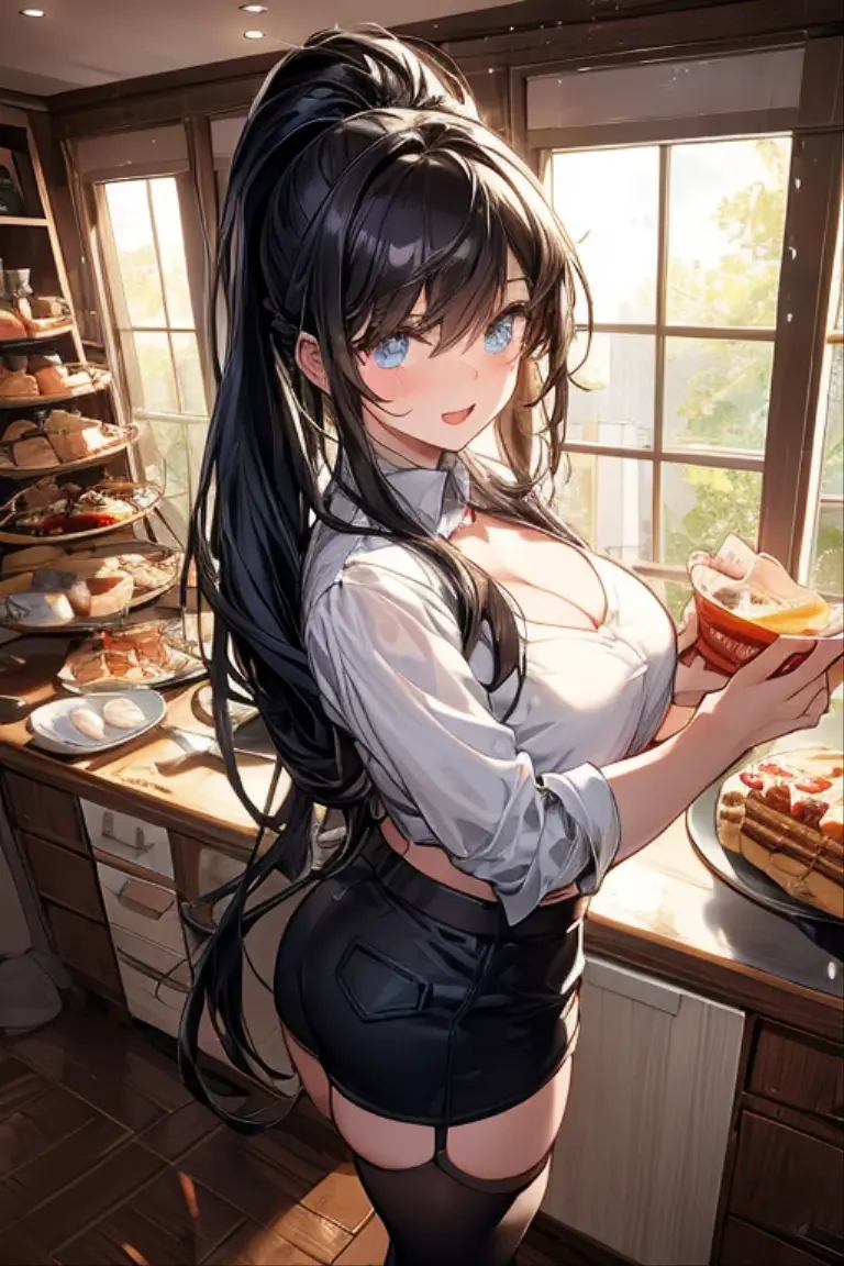 (dynamic angle:1.3, front view:1.1, breast focus:1.3, from above:1.1), (dynamic posing:1.2, sexy posing:1.2), (seductive smiling:1.3), ((holding Pasta on a plate,Taking the pasta out of the pan, worried about the outcome:1.2)),highest quality、(real、photorealistic:1.4),(ultra high resolution, 8K RAW photo, clear focus), best qualtiy, natural lighting, field depth, (Bright pupils, detailed beautiful eyes, high detailed face), Red lip, (tight focus:1.2), a girl 22yo old, Wearing a pastry chef uniform:1.3 , Thicc, thin breast, long hair, blue eyes,garter stocking, cleavage:1.2, midriff, black shorts, black thighhighs, thigh strap, pretty girl, (highly detailed beautiful face and eyes,firm breasts),real skin,((black,hair,long pony tail hair)),thin pubic hair,cute,lovely, detailed eyes,(double breasted:1.0,under bust:1.0),(with sparkling eyes and a contagious smile),open mouth, Looking at Viewer,A scene of make cooking Carbonara Pasta in the kitchen