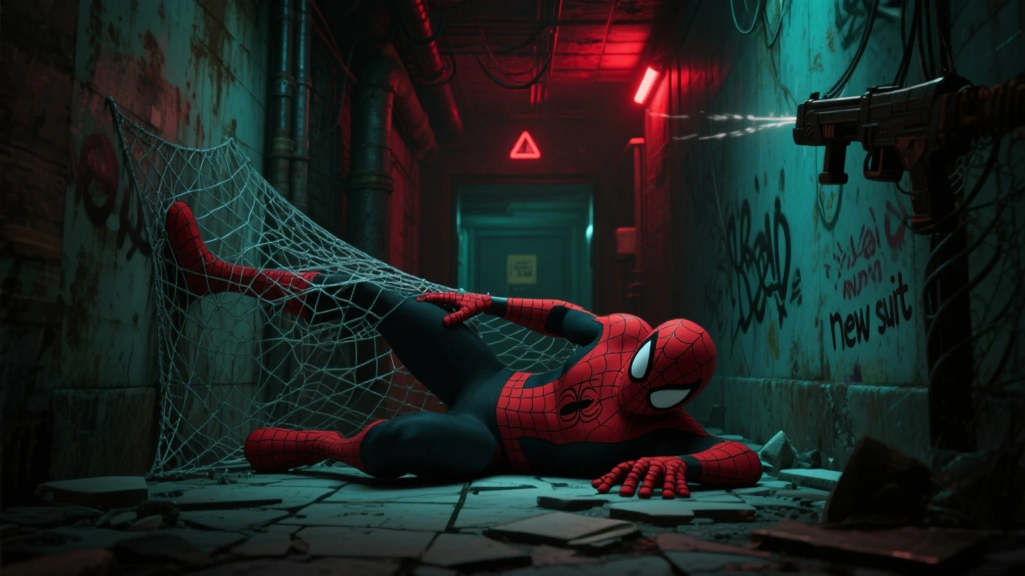 Spiderman looking upside in a darker room standing under a dim light 
