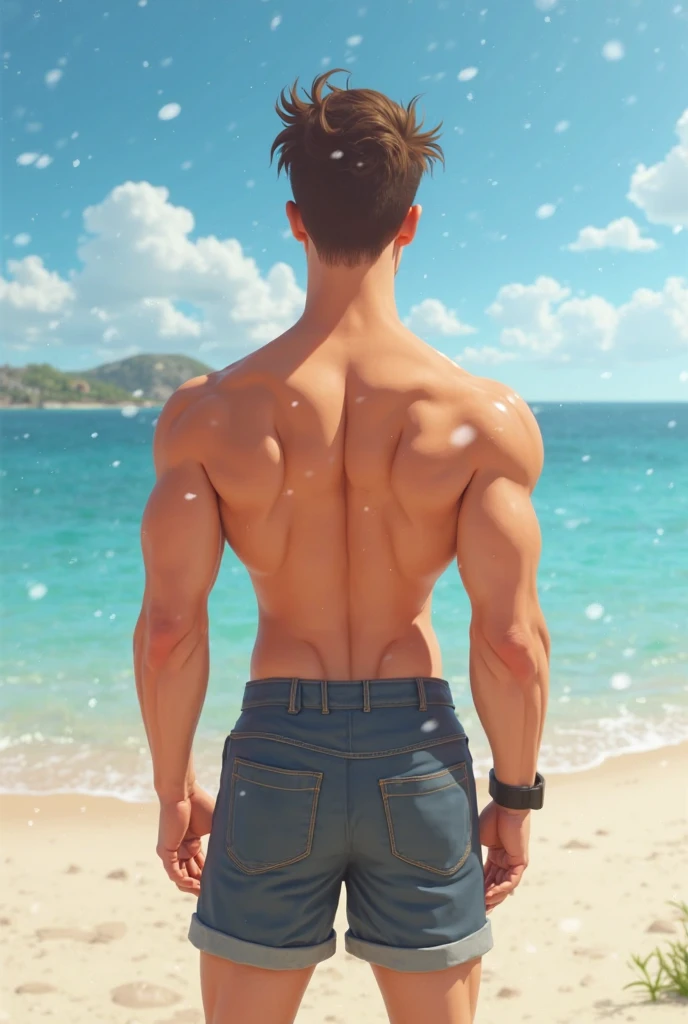 realisticlying，Face Real、Ass of a 17 year old boy，、Yellow Boxer Brief，T-shirt wearing，Shore Dynamic Pose，Turn around，Smile，the beach、Transparent buttocks，Different poses．Buttocks contours clearly
