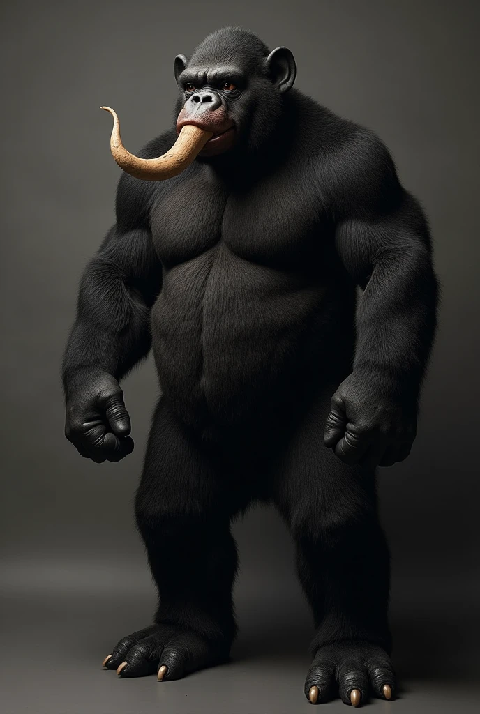 Historical, primitive, Neanderthal man,(half gorilla mix :0.55), heavyset, tall, very muscular, hairy body, dark stubble, thick arms, thick legs, rounded pecs, big arms, veiny arms, dumb looking face, (wearing ripped clothes:1), hunching down, dark brown skin, hdr, photorealistic
