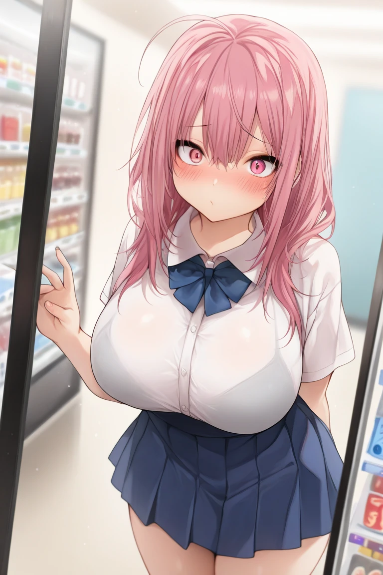 photo of kawaii jpn-jk, empty eyes Running, wearing nothing, big anime eyes, , shiny hair, bare-skin, navel, the groin, BREAK in front of convenience store, large breasts、 Nipples, nsfw, nipple , wet