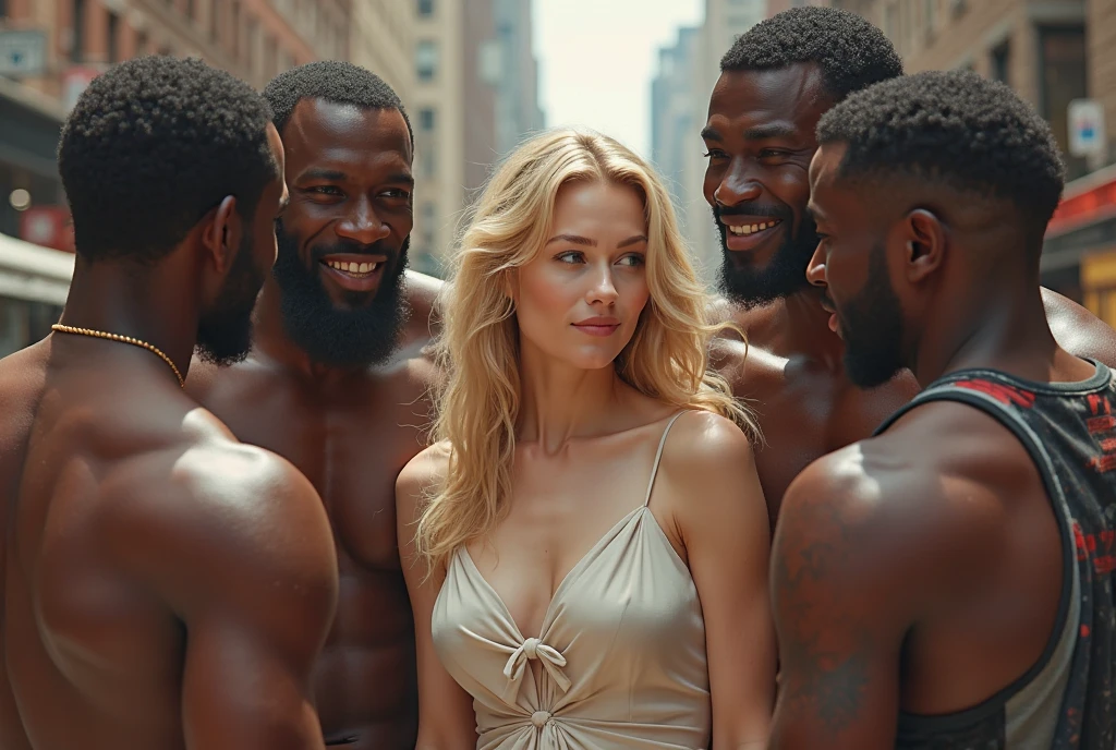 tall skinny white girl dominated by strong black men realistic photo
