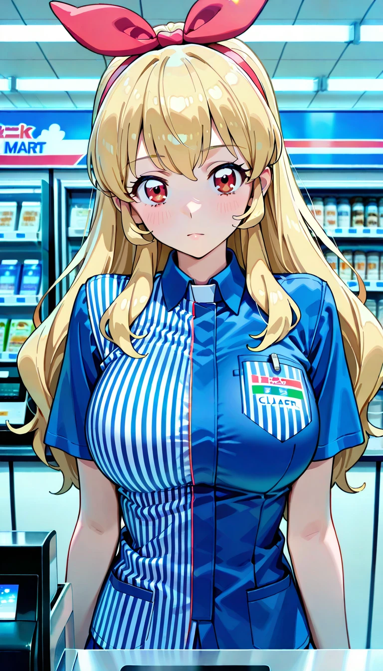 1 lady, 20 years old, blonde hair, long hair, wavy hair, light brown eyes, huge breasts, embarrassed, blush, sweat, 
BREAK (masterpiece), (high resolution 8K), cinematic lighting, professional lighting, detailed eyes and face, detailed body, 
BREAK  (convenience store:1.3), convenience store employee uniform, (vertical-striped shirt:1.3), short sleeves, id card, (button gap:1.1)