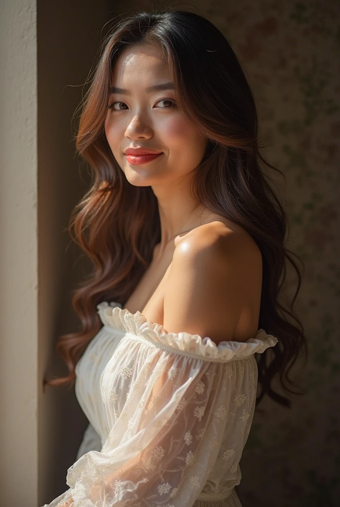 (Highest quality:1.4),(masterpiece:1.4),(Realistic:1.4),(Realistic:1.2),(超High resolution, RAW Photos:1.4),(High resolution, Very detailed:1.2),(8k:1.2),photograph,(Shot from behind:1.3)、Korean women、brown hair photos,One Woman,alone,(In underwear),Very large breasts,((Thigh to head shot:1.3))、(((topless、Large breasts are visible from the side)))、((Toothy smile))、((Very large breasts:1.4))、Realistic skin textures、Slightly freckled、Slender figure、Realistic skin textures、((background,Concrete wall:1.3)),(topless,The breast is visible from the side:1.6),(Long lace slip,White)、3 woman、The angle at which the nipple is not visible、((Updo long hairstyle))、((Black,Long lace slip:1.4))、Correct toes、Detailed facial features、Long slip covers the buttocks and soles of the feet、Long slip covers your butt、