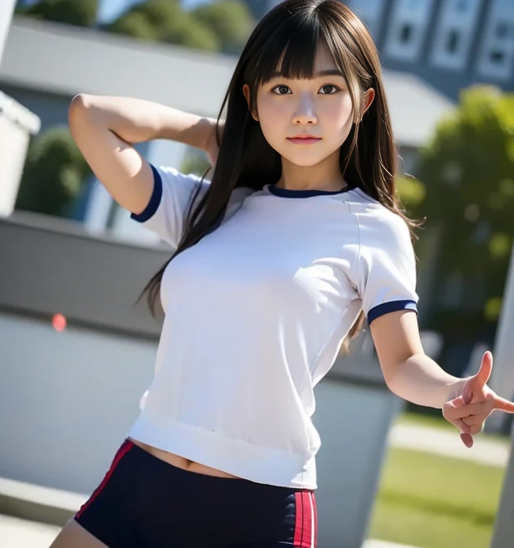 ultra highres,(reality: 1.4),highest quality, masterpiece, high detail, 16K quality, beautiful, 1 beautiful girl,japanese,super beautiful face,,japanese idol face,cute face,super detailed face,detailed hand,beautiful skin,sweaty skin,big eyes,big smile,profeccional lighting,medium hair, black hair,brown beautiful eyes, gym uniform,school gym buruma,(red buruma), white shirt, short sleeves, squatting,spread legs,medium breasts,high socks,she is looking at the camera,classroom,nsfw,back shot,