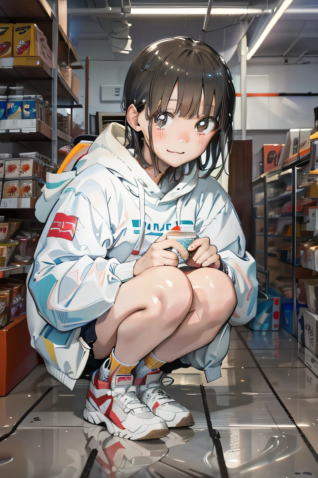 embarrassed, seductive smile, (blush), drunken eyes, (squatting), (leaning forward:1.5), (Looking up:1.2), (from above:1.2),(close up head:1.2),
bewitching pose, heavy breathing, fog,
((best quality)), ((masterpiece)), 高解像度,鋭い焦点,(超詳細,非常に詳細),(非常に詳細 CG unity 8k wallpaper),(((鮮やかな色彩))),{best illustration},
anime style, 1girl, ChinatsuKano,茶色の髪, (complete anatomy), betterhand,5本の指, Hoodie, shorts, sneakers, short socks,
(Indoor), konbini, Modern, inorganic interior,(The interior is decorated in white throughout:1.5), (Japanese convenience store at 2 AM), Inside, neatly arranged shelves are stocked with colorful bento boxes, snacks, and drinks. Cool night air, neon reflections, and a serene atmosphere. large glass window, Very bright white LED fluorescent lights on the ceiling,