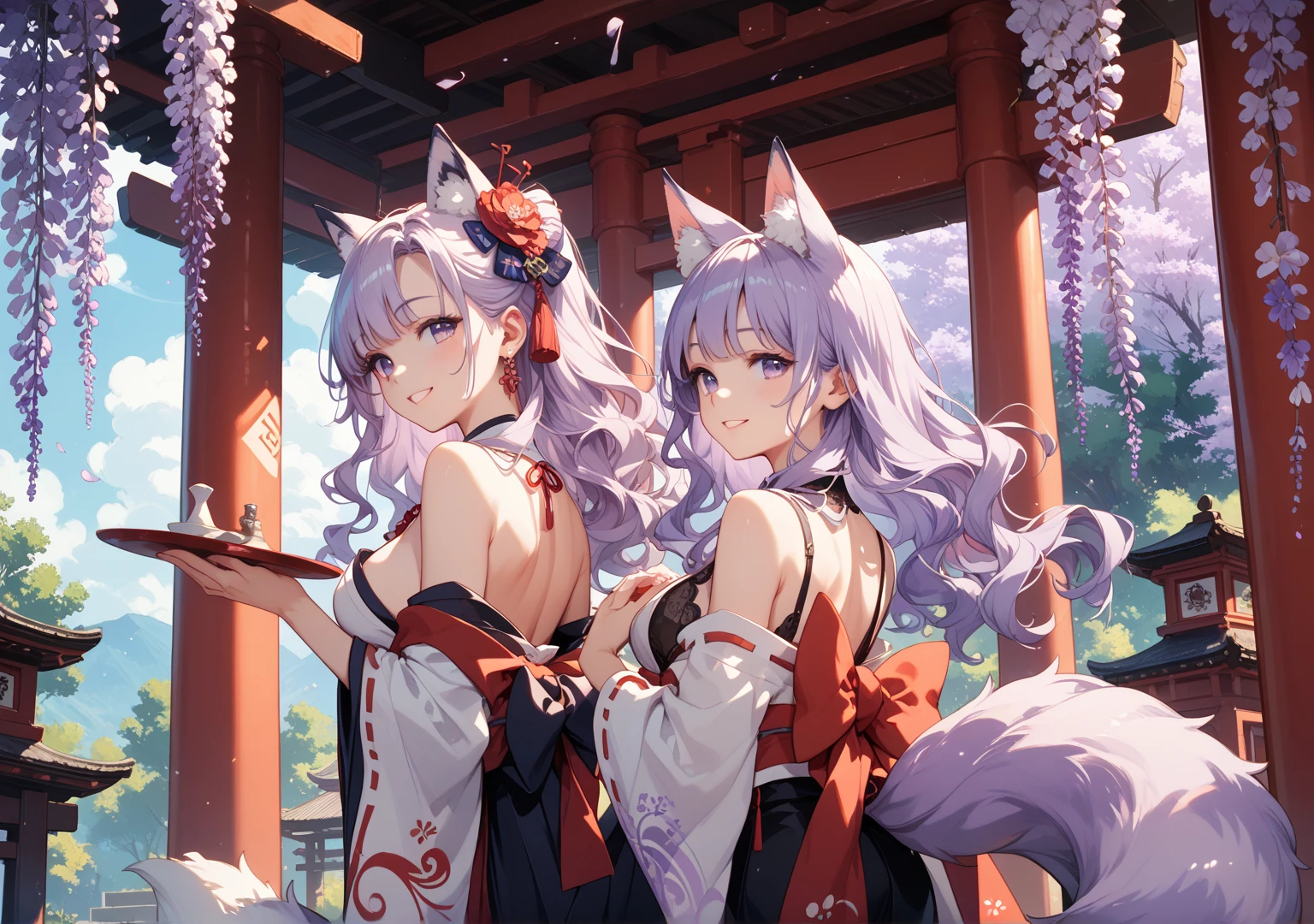 the scene takes place in a Japanese shrine, [best quality, shade, anatomie parfaite, Extreme details, highly detailed masterpiece, ultra detailed 4k background, complexe et réaliste, complex and detailed of a popular Japanese dream], le rêve est celui du félin humain race, elle est ornée de tatouages ​​​​de tigre complexes, sporting magnificent white fur (accompanied by her faithful white tiger companion), white tiger animal from this walk.