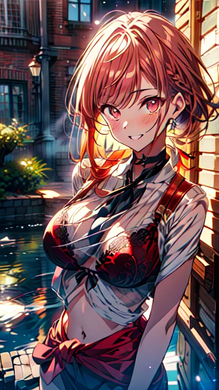 A woman with average height, with a curvy build; curly red hair; blue eyes; freckled face; a perpetually cheerful smile; soft breasts; drunk on a balcony overlooking fields; blushing heavily; lustful expression; biting lower lip; wearing vintage clothing; soft blur background, night time on a very dark night