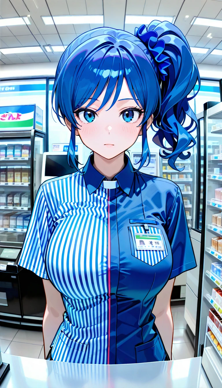 score_9, score_8_up, score_7_up, masterpiece, absurdres, 1girl, kurokawa akane,naked body, ((completely nude)), collar, ((id card, nipple clamp hanging price tag)), show off naked body, pubic hair, mouth open, embarrassed face, embarrassed smile, medium breasts, standing, in the shop, view from front, in front of crowd, cowboy shot, bokeh,kurokawa akane,dark blue hair, blue eyes,medium hair,akane kurokawa