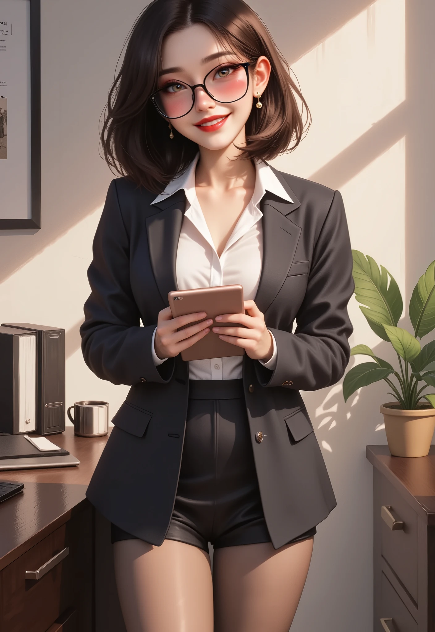 Masterpiece , best quality , 1girl , female , beautiful , attractive , masterpiece , best quality , good quality , very aesthetic , absurdres , newest , 8K , depth of field , focused subject , small , Full Body Map, portrait, flirtatious smile, big glasses, brunette, holding tablet, standing by desk, petite, fully clothed, stockings, beautiful eyes, sexy legs, she will only be wearing office attire but maybe hinting at what's underneath, she is wearing a skirt that barely reveals her panties underneath, normal proportions, her hair does not pass her shoulder