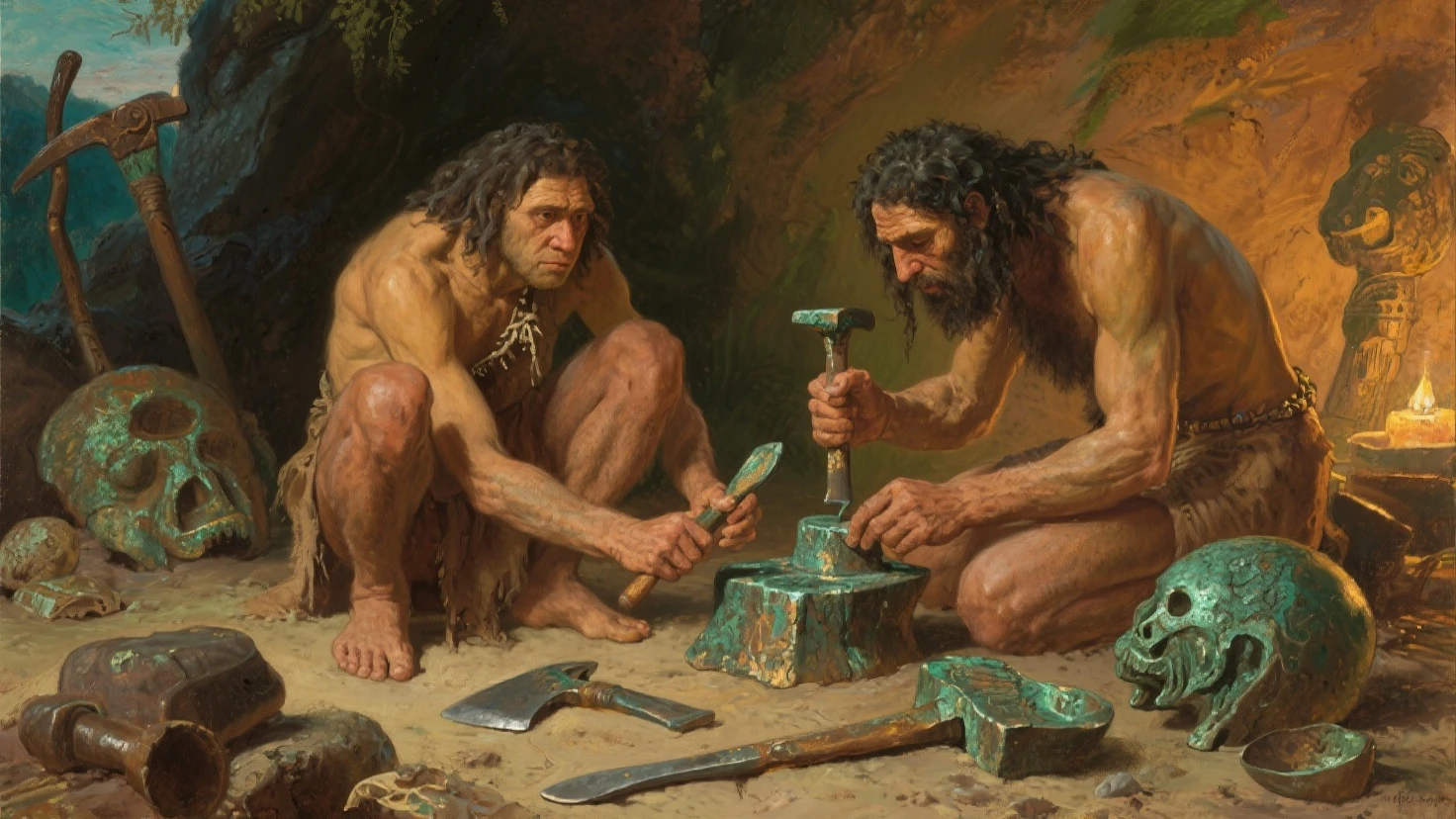 Two primitive people in the painting，Man holding an axe chopping logs in the forest, woodcutter, Neanderthal，Prehistoric forest，author：Randolph Caldecott, (watercolor, masterpiece, representative work, Illustration Art, Professional Line Art, Super complex and detailed, Chinese painting，Ink:1.3)