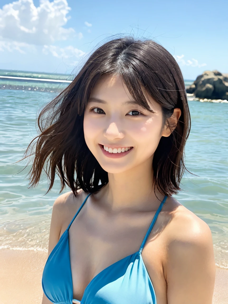 NSFW, transformation, (((Girl wearing micro bikini))), 18 years old, (Natural Side Lighting, Sandy Beach), Written boundary depth, Looking at the audience, One girl, Japanese, ((Bob Hair)), An innocent smile, Perfect Face, Cute symmetrical face, Asymmetrical bangs, Big eyes, Droopy eyes,)