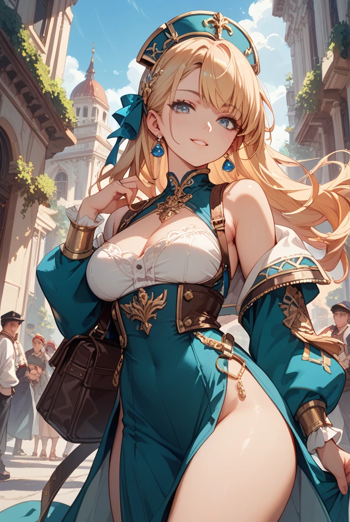 woman((25 age old)), Hair((Blonde, Long, Wavy)), Eyes((Blue, Smart eyes)), clothes((Greek goddess Cortés)), flower headpiece, adiamondnecklace, Earrings, Bracelet, in a pond, Greek temple, Bigboobs, gigantic cleavage breasts, oppai, pervert smirk,sexyposture,Suspender stockings,White panty hose,Superskirt,Lift the skirt, your ass,pantiess,Lace-trimmed panties,