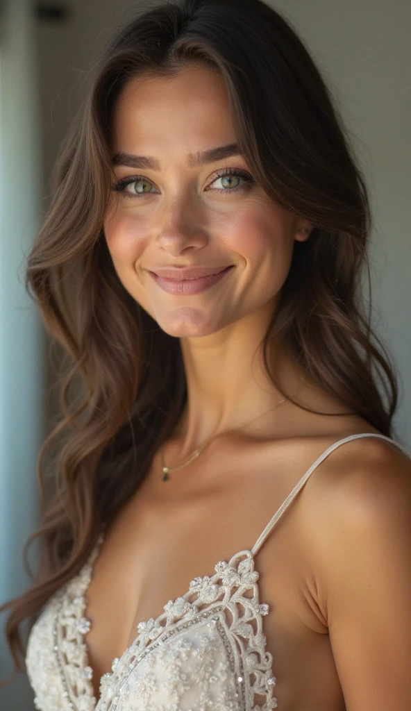 A gorgeous seducing subtle  smiling model writing