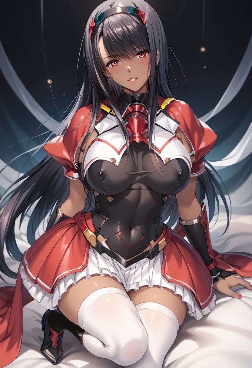 (Perfect Anatomy)、Mastepiece、Ultra High Quality、 8K、Photorealistic、masterpiece、highest quality、Ultra-high resolution、Maximum resolution、Very detailed、Professional Lighting、anime、Adult female、thin、so beautiful、samurai、Light clothing、armor、Black Hair、Red Eye、Knee-high socks、Equipped with a sword、Scabbard on waist