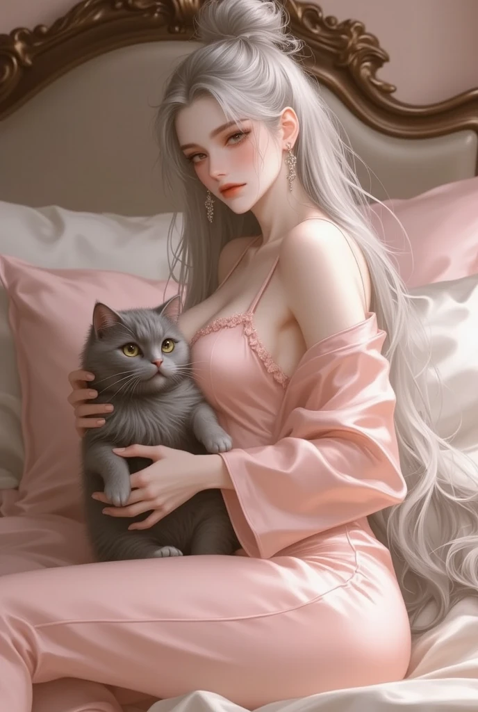 tmasterpiece,Highest image quality,Beautiful bust of the noble cat queen,cat ear,Cat tail delicate silver hairstyle,Clear golden eyes,A dazzling array of intricate jewelery adorns the chunky, Plush clothes。Plush clothing,Leather heels,Ultra-detailed details,advanced。At the Pixiv Art Station,Break your own power,,The kinky exposed,R-18G