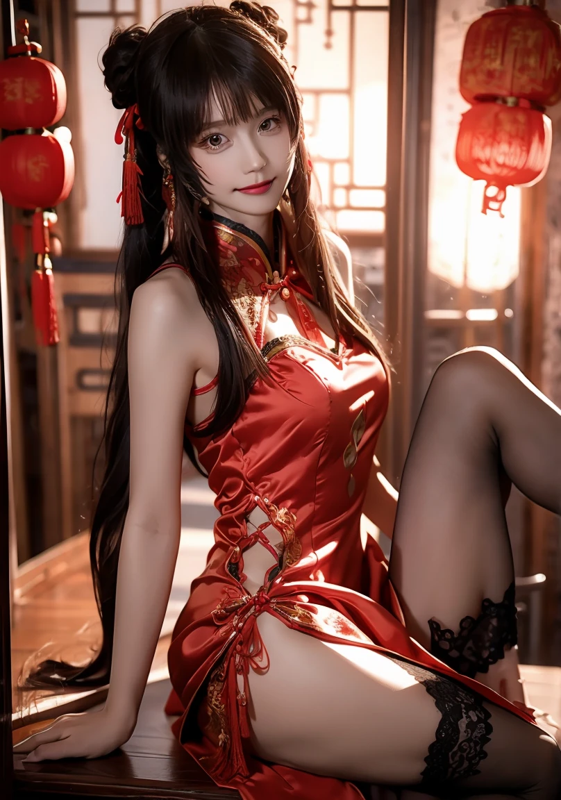 Beautiful Japanese waifu, early 30s, brunette hair, red qipao, black stockings