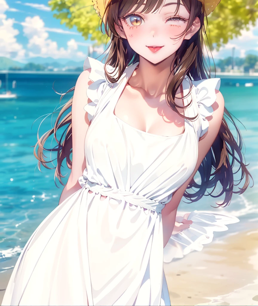 ((masterpiece, Highest quality, High resolution, 超High resolution, Pixel perfect, Written boundary depth, 4K, RTTX 10.0, High resolution))), 1 girl, single, alone, Beautiful Anime Girls, Beautiful art style, Anime characters, ((Shortcuts, bangs, Dark brown hair)), ((Green Eyes:1.4, Round eyes, Beautiful eyelashes, current eyes)), ((Smooth texture:0.75, Anime CG style)), ((Dynamic Angle, close)), Perfect body, (pretty girl), Normal chest, whole body, ((4K, 8k, Highest quality, Perfect Fingers: 1.3, Perfect Anatomy: 1.3, Background Blur)), whole bodyアングル, Please draw a stylish girl in summer clothes., She was wearing a light sundress and sandals, wearing a wide-brimmed hat, In the background is a beach with clear skies and gentle waves., Express a relaxed summer vibe