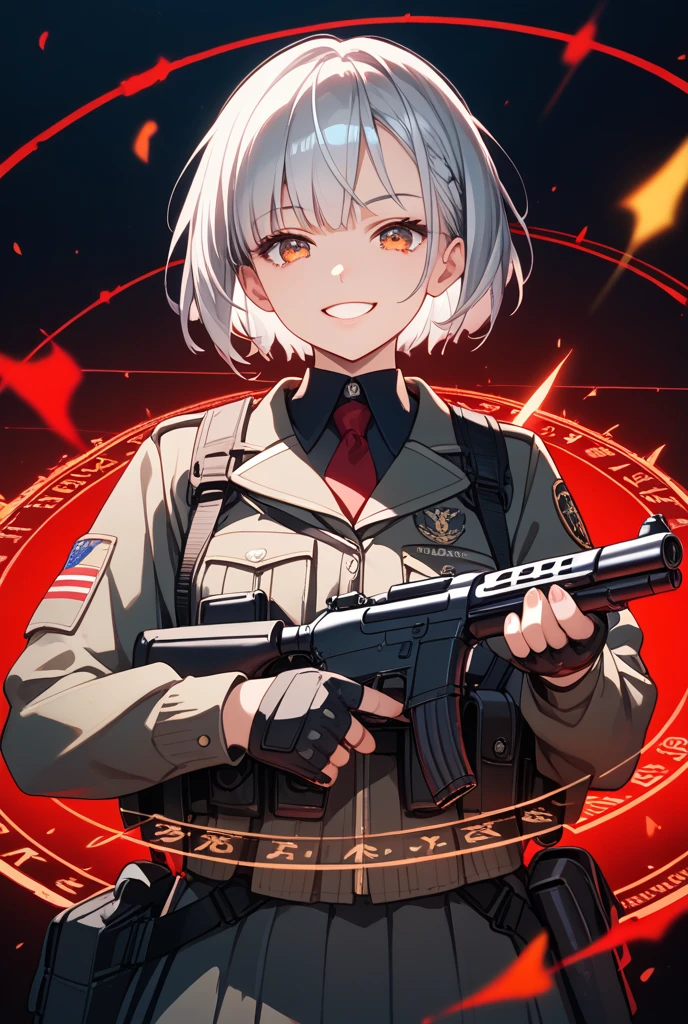 masterpiece, best quality, mature woman, short hair, trimmed hair, gray hair, sharp eyes, amber eyes, glossy lips, sharp expression, focused expression, tactical clothing, bulletproof vest, tactical vest, fingerless gloves, cigarette in mouth, holding gun, ruined building