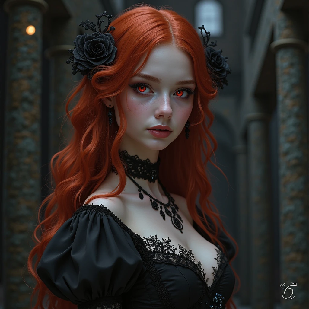 Gothic Fashion、20-year-old woman、8k、high resolution、Detailed clothing、3D Anime Style、Red curly hair、Big dark eyes、High resolution, Very long hair, masterpiece, Earrings, Open your mouth a little, Character portrait, 