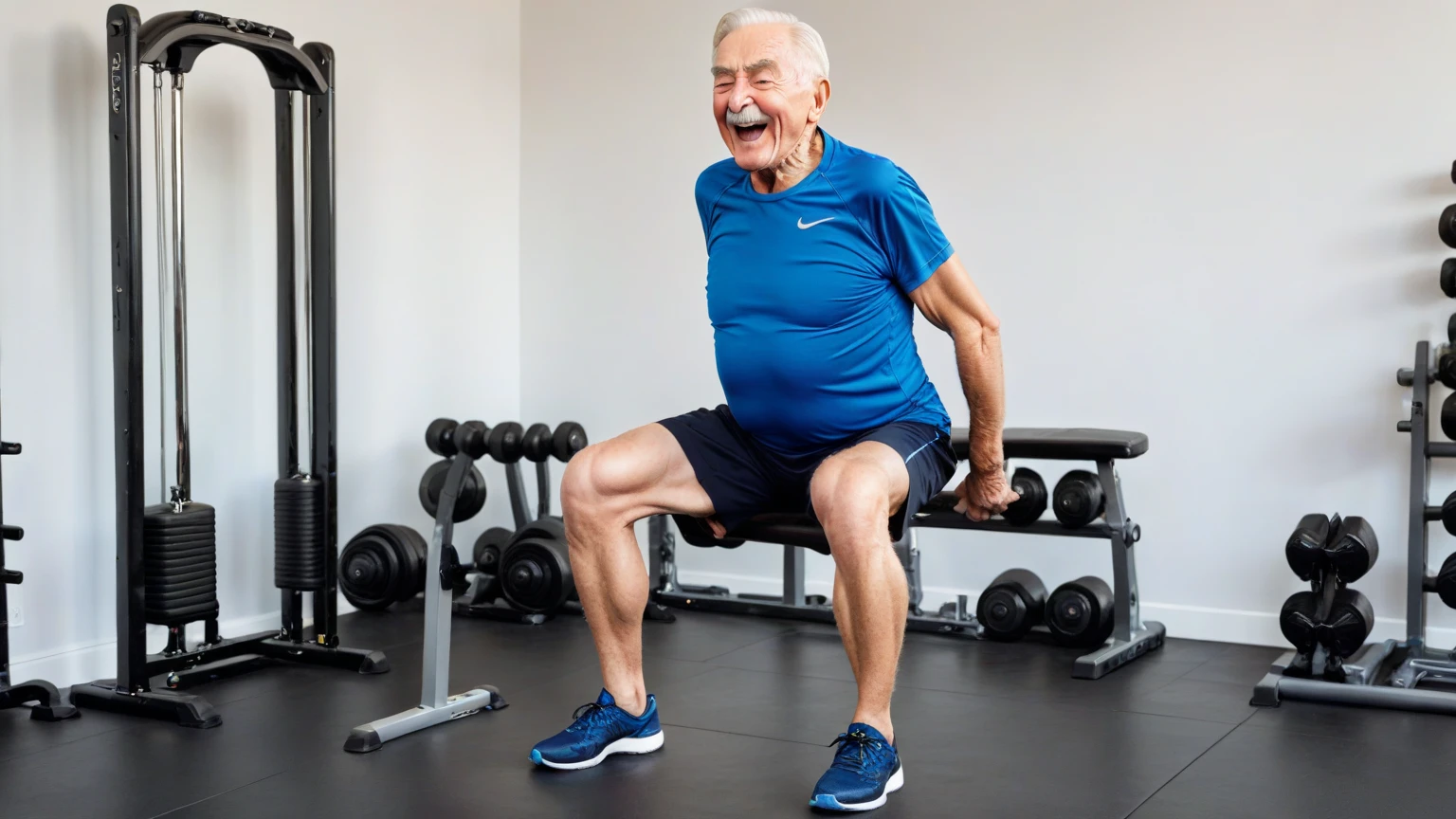 A happy, adorable old man waiting to be seen by the personal trainer at the gym. He spends his days on Disney-Pixar-style illustrations. (best quality, 4k, A high resolution, artwork:1.2), ultra-detailed, realistic:1.37, vibrant colors, playful lighting, detailed facial features, joyful expressions, comfortable gym, Disney Pixar animation style, moving , detailed workout clothes, cozy atmosphere, friendly atmosphere, A kind-hearted old man, colorful background, Warm and pleasant, peaceful atmosphere, Pixar-style character design, whimsical details, Alluring composition. #cartoon #pixar style