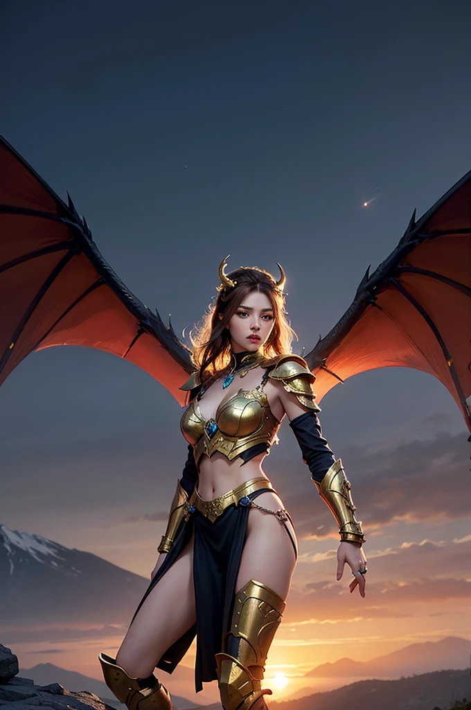 ((World of Darkness)),Professional , masterpiece、top-quality、photos realistic , depth of fields 、Beautiful Cyberpunk Woman Image,(Dragon Blue Metal Body:1.9),(Enamel purple、(cleavage of the breast)、Mystical expression、Dragon Gold Weapon、(Red Micro Bikini Armor:1.4),Gorgeous gold weapons ,Particles of light、(( Dragon's dense and gorgeous sword)) , (demonic wings)、((a blond))、(Castle background)、((Gangle's forest background))、((Fight dragons))、Beautiful Caucasian beauty、1a person、dynamic ungle,(((Detailed and ornate dragon helmet)))、Smaller head、A smile、Castle background、Thin and beautiful female hands、cleavage of the breast、Soldier in iron armor on background、Mystical expression、Light Effects、intense fighting、Wind-effect、magic circles、With the legendary magic wand、Dragon's tail、explosions、Anatomically correct body、