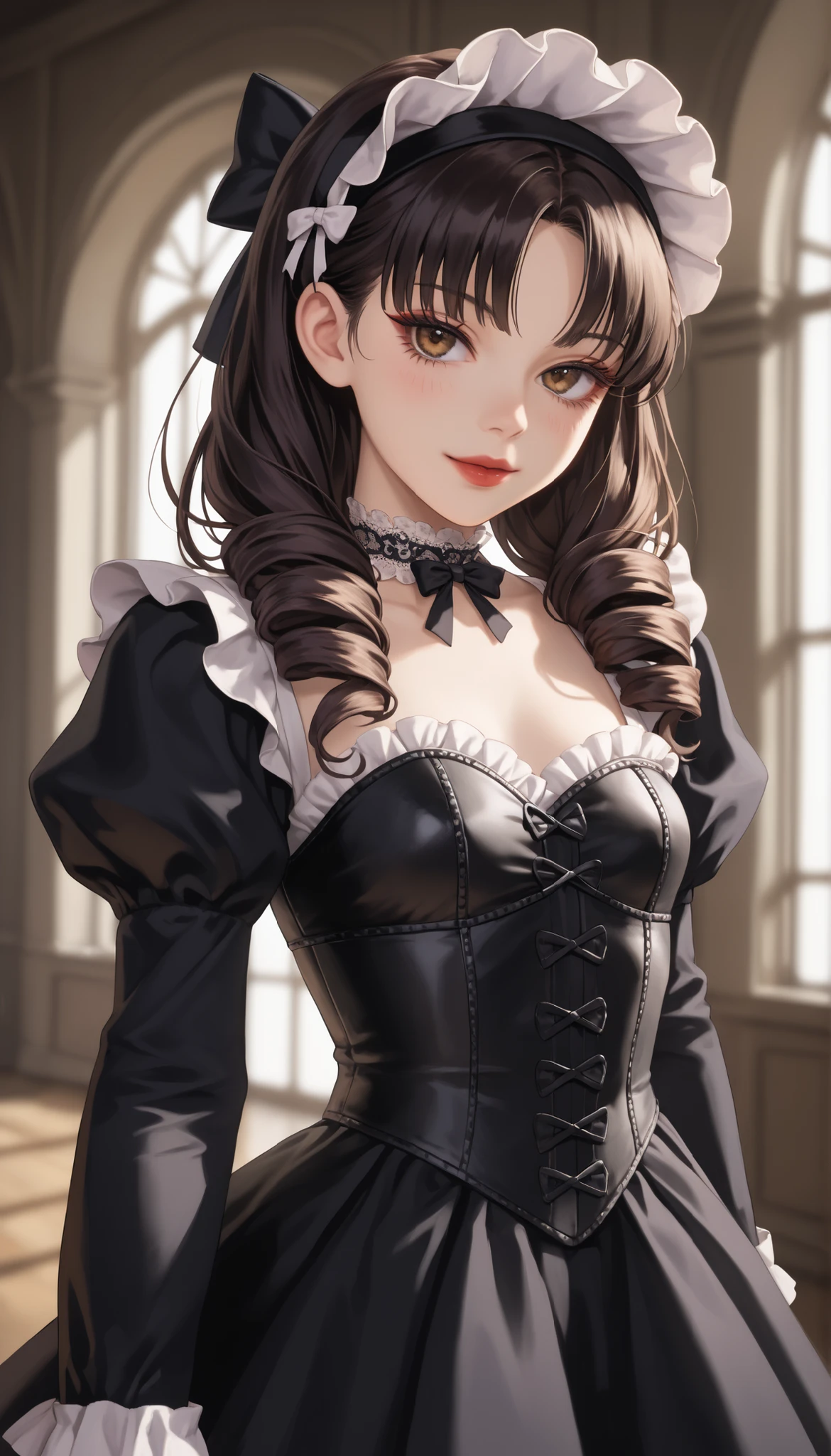 (ultra-detailed), (Ultra-high resolution), (8k), (HD), (High Quality), (Top quality), (High-Detailed), (Detailed CG), (Cinematic Shadow:1.0), (Beautiful Detailed Eyes), (Ultra Resolution), (Depth of Field), (High Resolution), (Masterpiece), (best quality), (amazing quality), (very aesthetic), (perfect eyes), (Anime Art style), (look at viewer), (cowboy shot), 1girl, gothic ta, Tomie, (solo:1.4), long jet black hair styled into dramatic twintails, drill hair, drilltails, with sharp straight-cut bangs across the forehead and soft sidelocks framing the face, large, expressive anime-style brown eyes with a soft glossy sheen, slightly glassy and reflective, surrounded by long dark lashes, subtle dark circles or puffiness beneath the eyes for a delicate, melancholic look, slightly widened for a doll-like appearance, pale white face make, sickly puffy eyes, red glossy lips, A gothic ta girl in a highly detailed black and white dress made of soft cotton, velvet, and intricate lace. A tightly laced black lace corset with delicate white satin ribbons and fine black lace overlay. Her voluminous long black sleeves are puffed and trimmed with layered white frills and ruffled lace. She wears a flowing black velvet overskirt with ornate lace panels and an underskirt of layered white ruffled fabric. The design includes abundant lacework and frilly accents throughout. She wears thigh-high white lace-trimmed stockings, tall black lace-up boots, a large black lace bonnet adorned with floral embroidery and bows, and a delicate black lace choker. The overall look is rich in fabric texture, elegant and darkly romantic, small breasts, slender build, long slender legs, standing in a elegant pose, hands by side, arms by side, a gothic Versailles-inspired background with melancholic atmosphere, dynamic angle