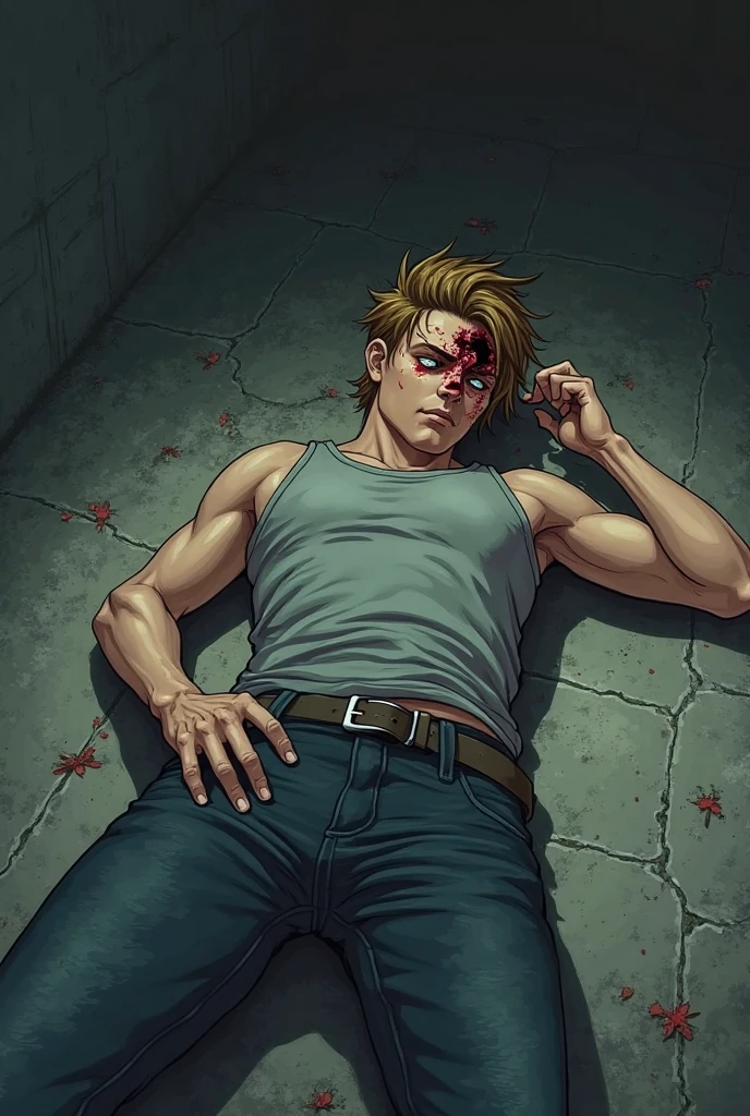 ((1boy)), male only, camouflage tank top, ((bottomless)), small , ((lying in the bed)), mature, stubble, muscular, detailed face, best quality, depth of field, dirty face, blood, look at the viewer, detailed, masterpiece, detailed background, composition is good, atmosphere, view from above, blush, embarrassed face
