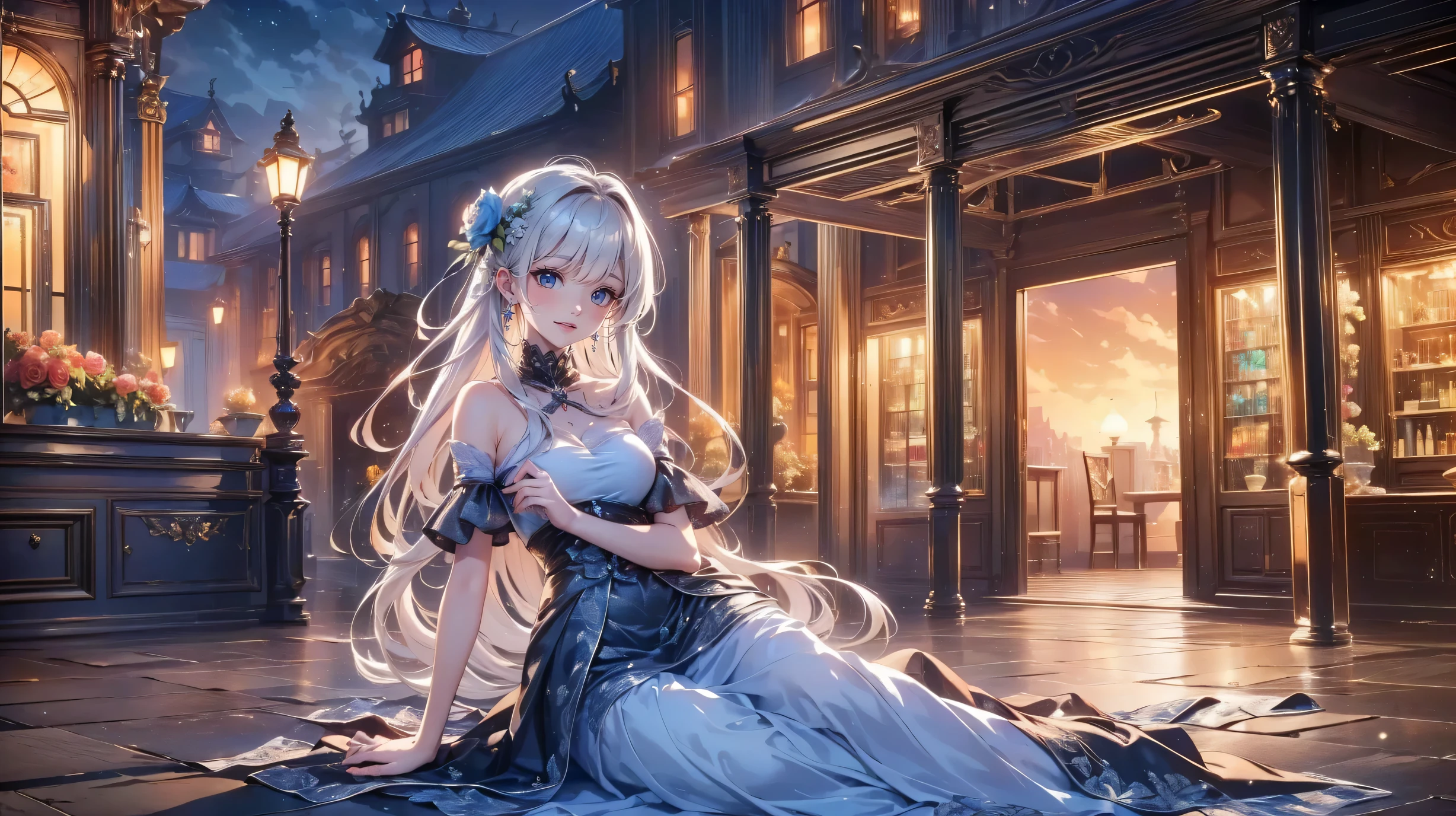 ( very detailed目, very detailed顔), ( realistic にสุดๆ, high resolution ), ( Top Quality :1.4), ( Top Quality ), 5, Midea, 1 girl ,score_9, score_8_ up, score_7_ up, score_6_ up, score_5_ up, score_4_ up, realistic skin texture that lasts deep into the middle of the night 、 Deep Night , RAW photos , ( realistic に, realistic :1.37), very detailed, Pro Pictures , (masterpiece:1.3, Top Quality , s uper high resolution, Ultramore ), ( realistic , photo realistic :1.4), beautiful illustrations , perfect lighting, anime style .( masterpiece : 1.2), ( very detailed: 1.2), ( very detailed CG: 1.2), ( high image quality : 1.2), (最 high image quality ), 8k, animated illustration , 、 beautiful girl 、とても cute天使、 cute、、smile、 long skirt、 Black Long Boots 、 Turquoise Eye， cute女性 ，street， Store ， sign，European Buildings，slate paved ，Rose flower
