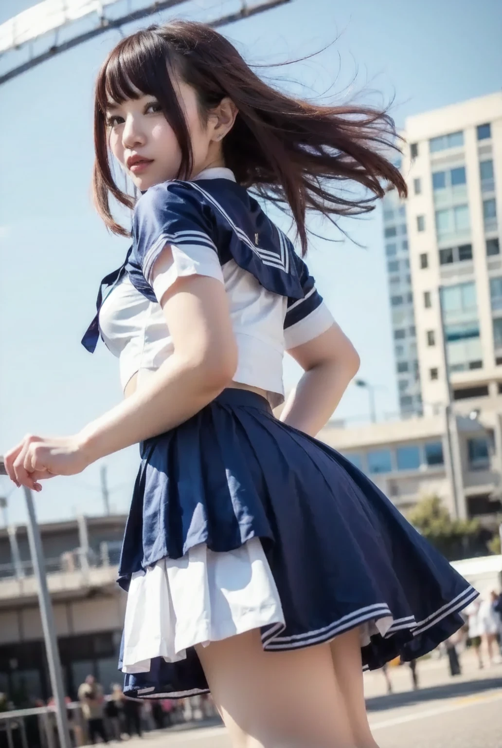 (8k、RAW Photos、Highest quality、masterpiece:1.2)、(Realistic、Realistic)、1 Girl、((Sailor Moon Costume:1.2、Thin legs、whole body、View from the front、smile、Looking into the camera、Hold your skirt with both hands and show me your black panties))、cute、Correct fingers