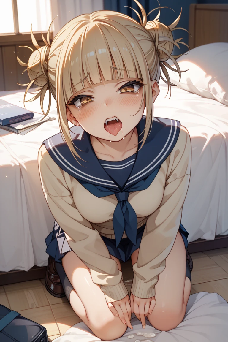 Tabletop, highest quality, wallpaper, Super detailed, Absurd beauty,junior high school student、evening、Backlight、bionde、Long Hair、Wavy Hair,single hair bun、standard weight、Large Breasts、（school uniform、open clothes):1.1,(sexual climax,nose blush,saliva,closed eyes):1.1、(1man and 1girl are having sex  on bed)1.2、man on top、bird’s-eye view、Bare your breasts、Exposing the breasts、Nipples、Spread your legs、pussy in big penis,Love juice