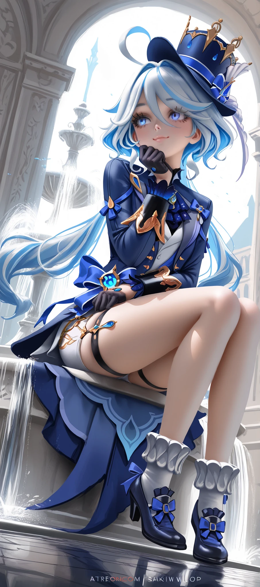 Blue long hair，Scorpion-tailed braids，Put on the clothes of the little dance of Douluo Continent，Is a beautiful and sweet girl Koser，（whole body）