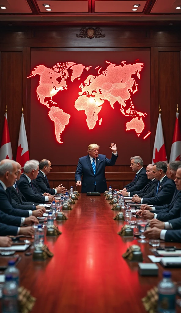 Realistic photo of a Meeting with the Presidents of the United States, Japan, Germany, Canada, France, Italy, United Kingdom and Russia; United states's flag, Japan, Germany, Canada, France, Italy, United Kingdom and Russia ao fundo.