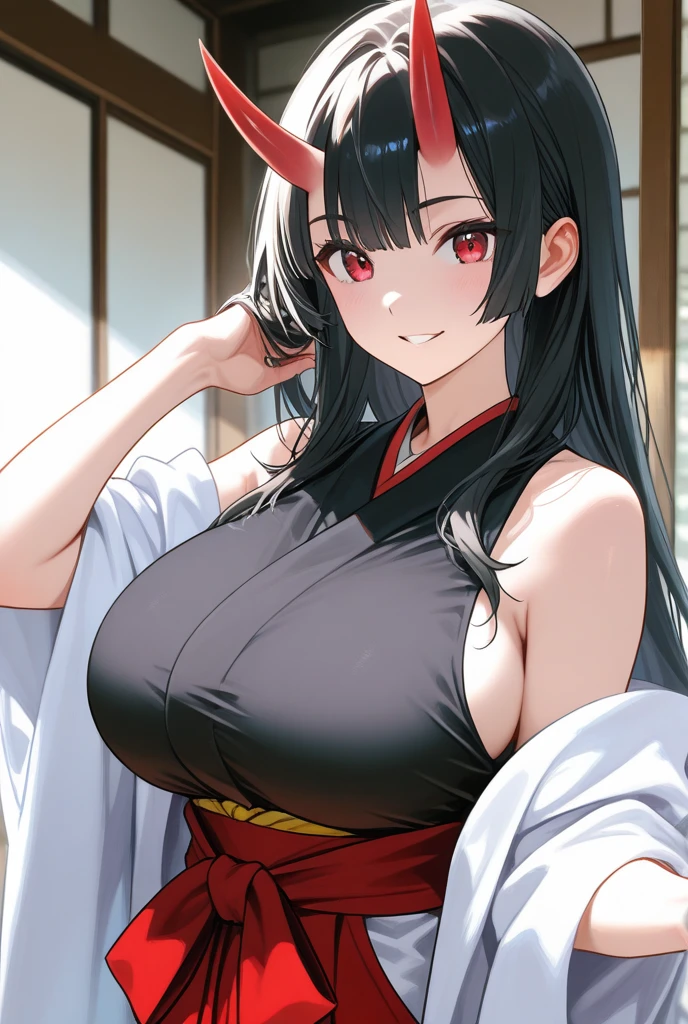 1girl, solo, facing viewer, looking at viewer, upper body, smile, BBAZUMA, LONG HAIR, BLACK HAIR, HAIR FLOWER, WHITE FLOWER, CLEAVAGE, SHOULDER TATTOO, CHINESE DRESS, SLEEVELESS, PELVIC CURTAIN, GARTER STRAPS, BLACK THIGHHIGHS