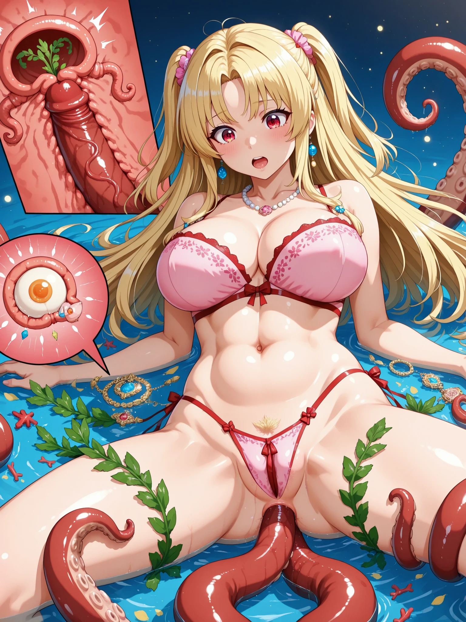 Top image quality,The ultra -The high-definition,8K,Woman on the beach、obscenity、Metamorphosis、small head、blonde hair、Big red eyes、red blush、Desperate look、,tierac tank top、denim jean shorts、Tentacles are touching the crotch、Tentacles grab the buttocks、1Giant Octopus,magical , red bikini 、Glossy long boots tentacle sex horny aroused cuddling smiling pregnant
