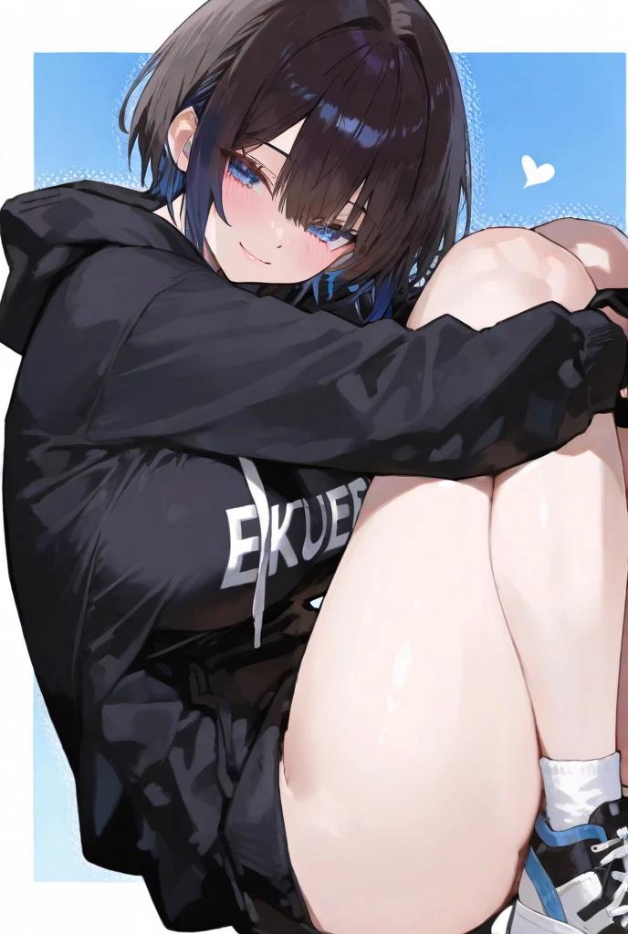 1Girl, Black hair, Blue eyes,black plain shirt, Skirt, Short hair, darker black jacket,open Jacket, White socks, Torn socks, Gray and blue Halo, looking at viewers, NSFW