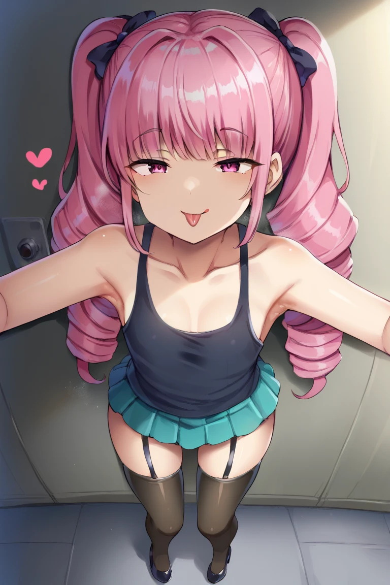 (masterpiece, highest quality, ultra high res, ultra detailed:1.3), 1 cute girl, ideal ratio body proportions, pink medium hair, small breast, black pleated mini skirt, red tank top, tank top covered nipples, white panties around one leg, sitting on toilet, surprised expression, from above, looking at viewer, peeing,