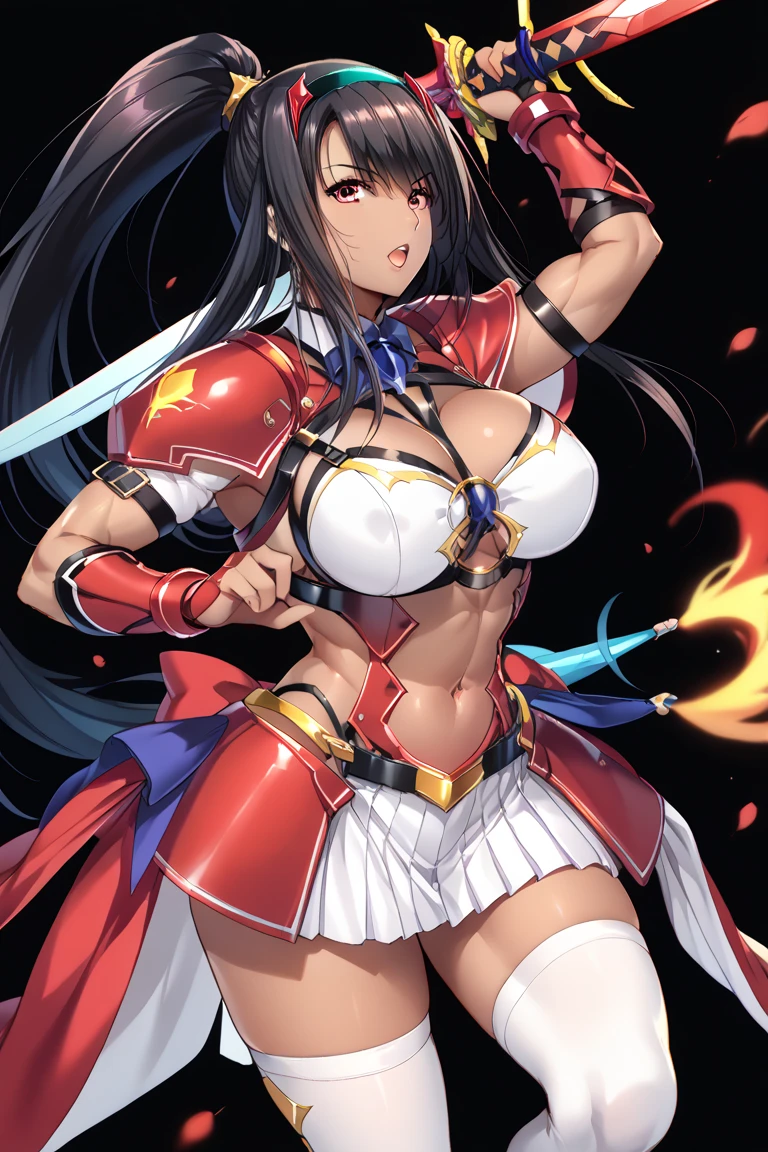 masterpiece,best quality,kim_kwang_hyun, 1girl, Taihou, taihoudefault, solo, long straight hair, huge breasts, looking at viewer, blue eyes, black hair, bangs, large huge breasts, long sleeves, dress, cleavage, closed mouth, weapon, puffy sleeves, arm up, clothing cutout, copyright name, red dress, cleavage cutout, juliet sleeves , power armor, shoulder armor, Long hair,pink eyes, smirk