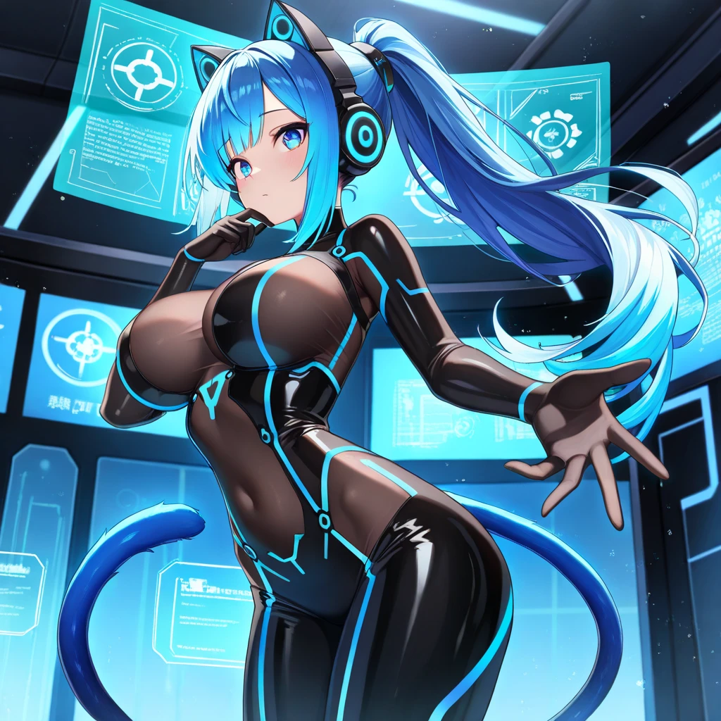 Full body, blue hair, blant-to-van, masterpiece, best quality, official art, album art, very elaborate CG Unity 8K wallpaper, solo girl, Japan girl, full body, ultra high resolution, (photorealistic: 1.4), sparkly blue colored eyes, golden hour lighting, flight suit in white and blue and black colors, tight fit clothes, full-body covering clothes, knee boots, (puffy eyes ), watch viewer, front-facing, beauty, medium breasts, shirt lift, slim body, arm-length gloves, gentle smile, headset --auto --s2