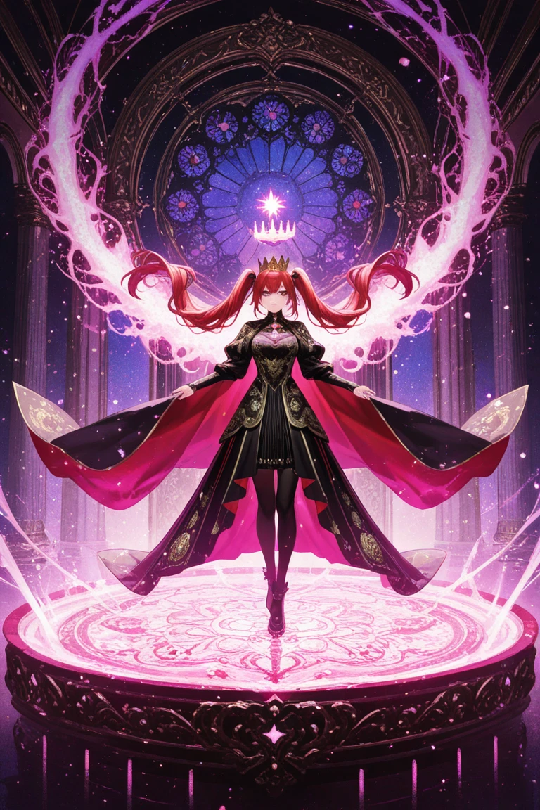 ((Highest quality)), ((masterpiece)), (detailed), （Perfect Face）、The woman is Lacus Clyne, a shrine maiden of the evil god, a saint of darkness, and the wife of the leader of the evil god cult. She has blue eyes, medium-long pink hair, a hair ornament, a gorgeous and intricately detailed black shrine maiden outfit of the evil god, an evil god necklace, evil accessories, a gorgeous evil god head chain tiara, and an engagement ring.、The woman is the wife of a middle-aged, bearded cult leader who is revered by a mysterious cult of evil gods.、He is standing at the altar of the Evil God Cult with a mysterious cult leader dressed in luxurious cult leader clothing.