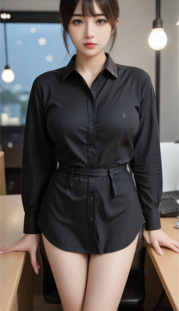 top quality, high resolution, ultra-detailed, wear a satin wrench coat, the material of the satin wrench coat and satin blouse is shiny, soft and smooth to the touch, the buttons of the satin wrench coat are large, the buttons in front of the satin wrench coat are fastened, and the underwear is not worn, the collar of the satin blouse must be taken out of the satin wrench coat, Body-fitting satin blouse, satin blouse color is black, chest is C cup, Japan AV model, wearing a shirt, wearing a coat, one beauty, the place is a hotel bedroom, the eyes are clear double, Wet lips and appeal, the subject is alone, the subject's face is all on the screen, inviting provocative look, sleeping on your back on the bed,