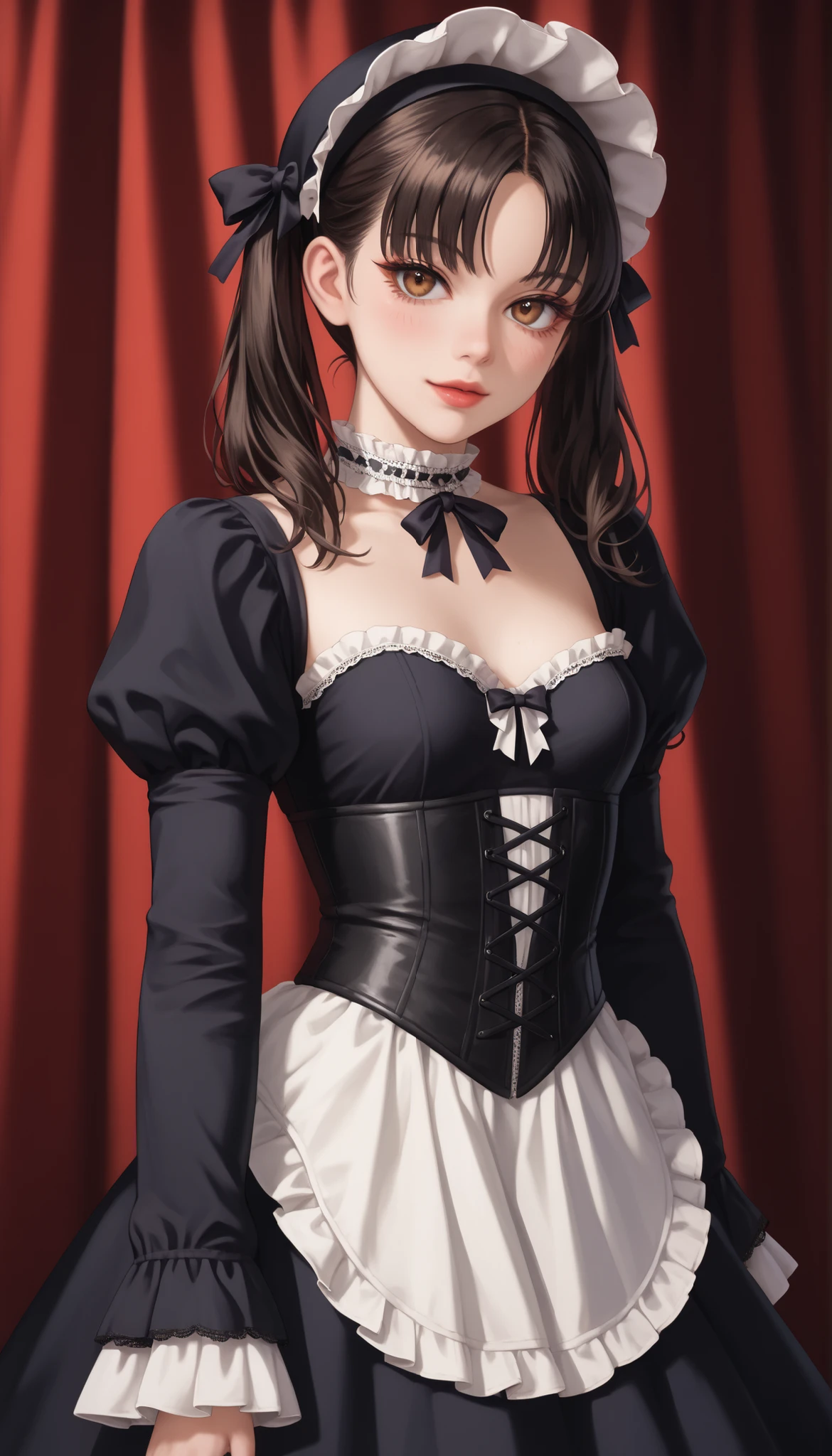 (ultra-detailed), (Ultra-high resolution), (8k), (HD), (High Quality), (Top quality), (High-Detailed), (Detailed CG), (Cinematic Shadow:1.0), (Beautiful Detailed Eyes), (Ultra Resolution), (Depth of Field), (High Resolution), (Masterpiece), (best quality), (amazing quality), (very aesthetic), (perfect eyes), (Anime Art style), (look at viewer), (cowboy shot), 1girl, gothic ta, Tomie, (solo:1.4), long jet black hair styled into dramatic drilled twintails, with sharp straight-cut bangs across the forehead and soft sidelocks framing the face, large, expressive anime-style brown eyes with a soft glossy sheen, slightly glassy and reflective, surrounded by long dark lashes, subtle dark circles or puffiness beneath the eyes for a delicate, melancholic look, slightly widened for a doll-like appearance, pale white face make, sickly puffy eyes, red glossy lips, A gothic ta girl in a highly detailed black and white dress made of soft cotton, velvet, and intricate lace. A tightly laced black lace corset with delicate white satin ribbons and fine black lace overlay. Her voluminous long black sleeves are puffed and trimmed with layered white frills and ruffled lace. She wears a flowing black velvet overskirt with ornate lace panels and an underskirt of layered white ruffled fabric. The design includes abundant lacework and frilly accents throughout. She wears thigh-high white lace-trimmed stockings, tall black lace-up boots, a large black lace bonnet adorned with floral embroidery and bows, and a delicate black lace choker. The overall look is rich in fabric texture, elegant and darkly romantic, small breasts, slender build, long slender legs, standing in a elegant pose, hands by side, arms by side, a gothic Versailles-inspired background with melancholic atmosphere, dynamic angle